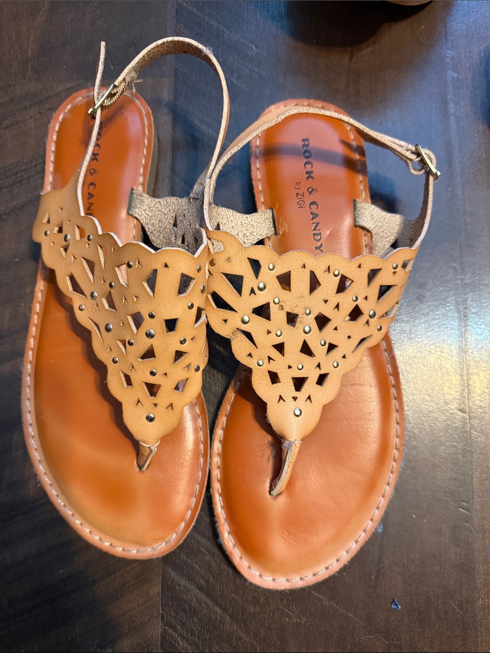 Rock & Candy Tan Laser Cut T-Strap Sandals